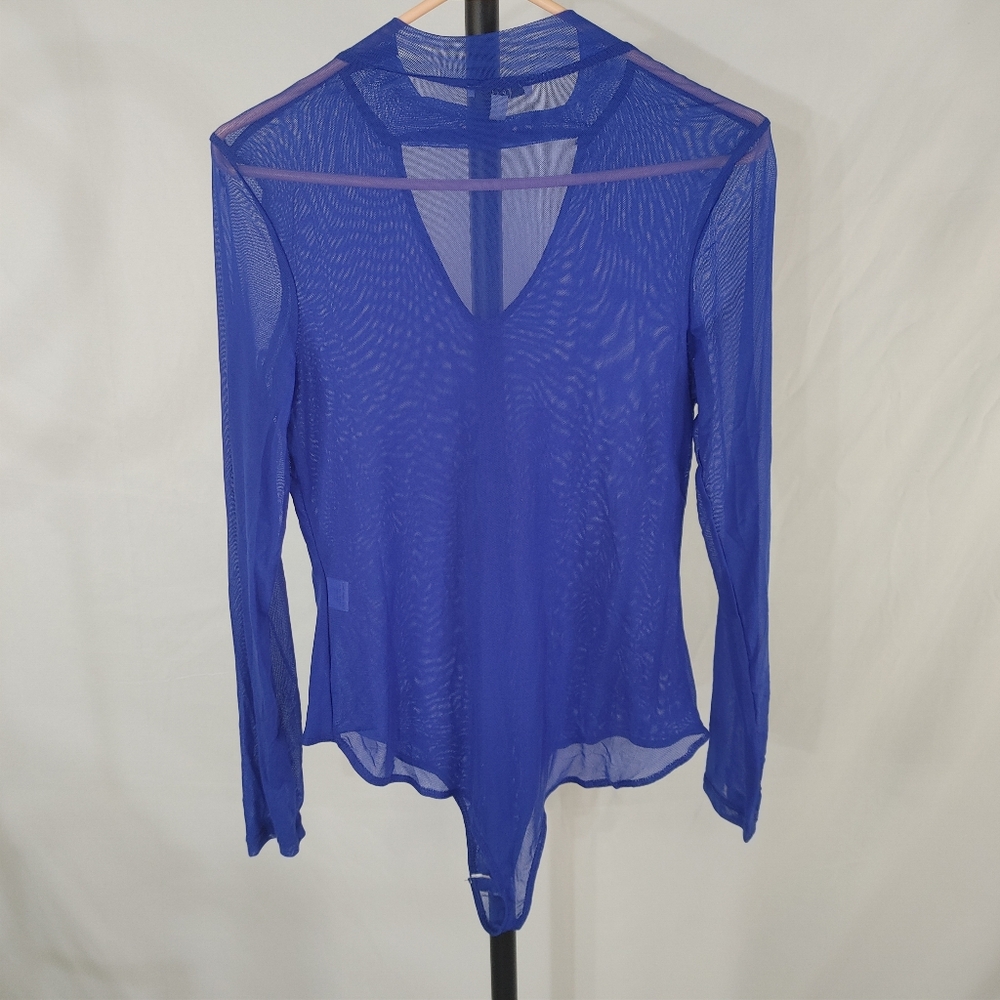 Iris Blue Sheer Mesh Bodysuit 1X Long Sleeve V Neck Stretch Y2K Clubwear Top - Picture 8 of 12